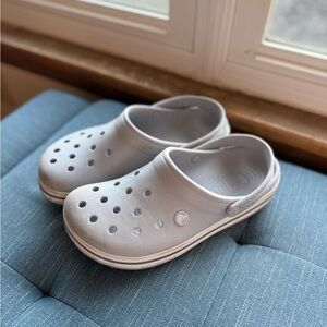 Women’s 10 men’s 8 light grey bayaband crocs. Lightly used.